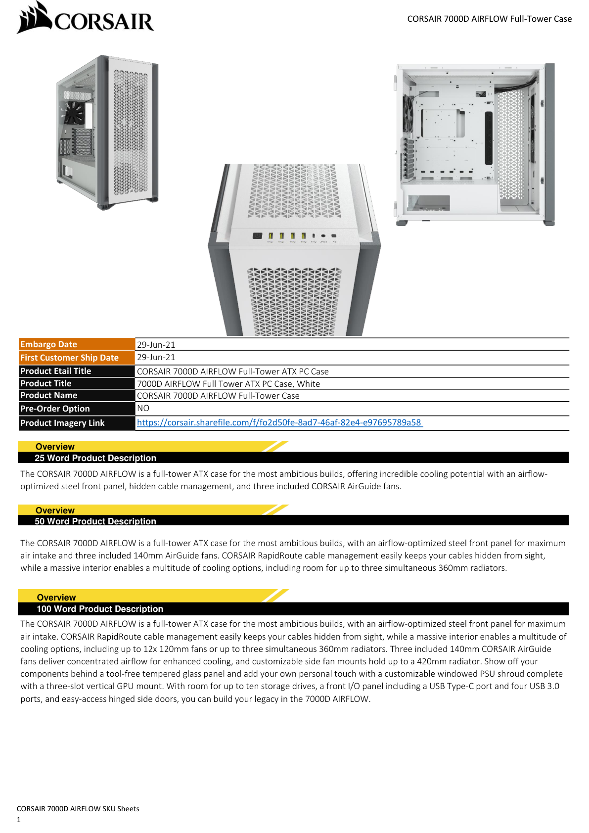 Gabinete Corsair 7000D AIRFLOW blanco cristal templado ATX torre panel frontal acero 3*ventiladores