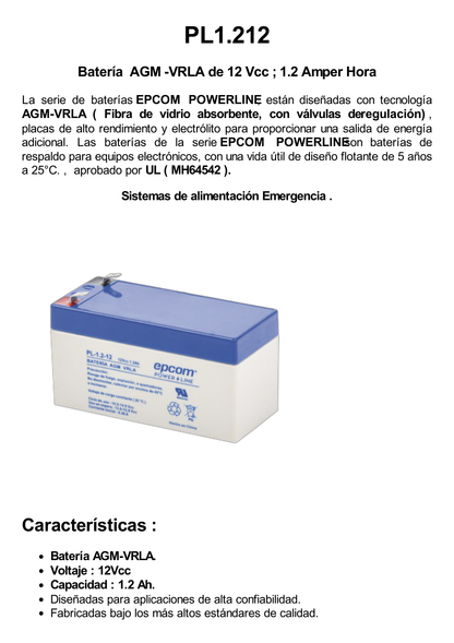 Batería 12 Vcc / 1.2 Ah / UL / Tecnología AGM-VRLA / Para uso en equipo electrónico Alarmas de intrusión / Incendio/ Control de acceso / Video Vigilancia / Terminales F1 / Cargador recomendado CHR-80.