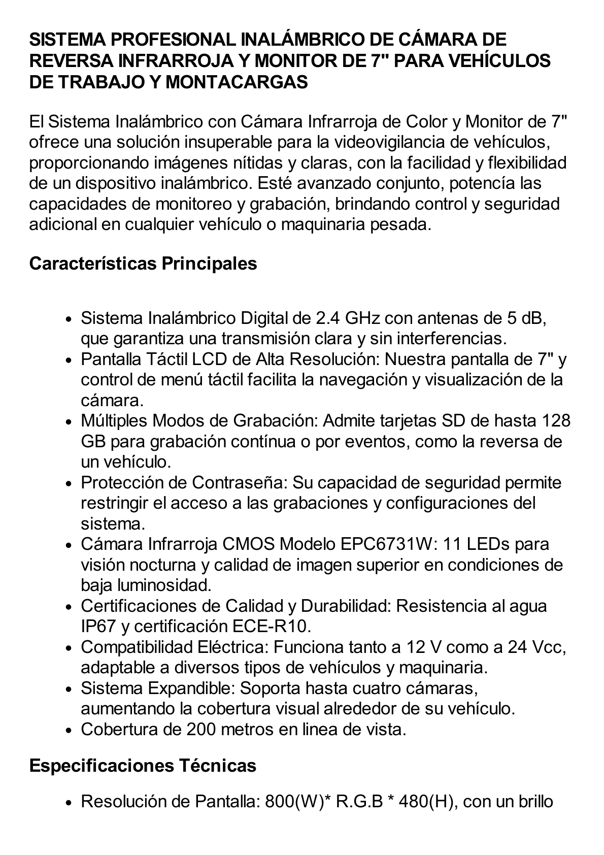 Sistema Profesional Inalámbrico de Cámara de Reversa Infrarroja y Monitor de 7" para Vehículos de Trabajo y Montacargas