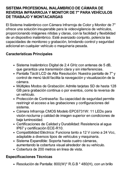 Sistema Profesional Inalámbrico de Cámara de Reversa Infrarroja y Monitor de 7" para Vehículos de Trabajo y Montacargas