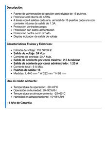 Fuente 24 Vca / Industrial / Tipo RACK / 20 Amperes / 16 salidas / 1.25 Amperes por salida administrada / 2.5 Amperes por salida máxima