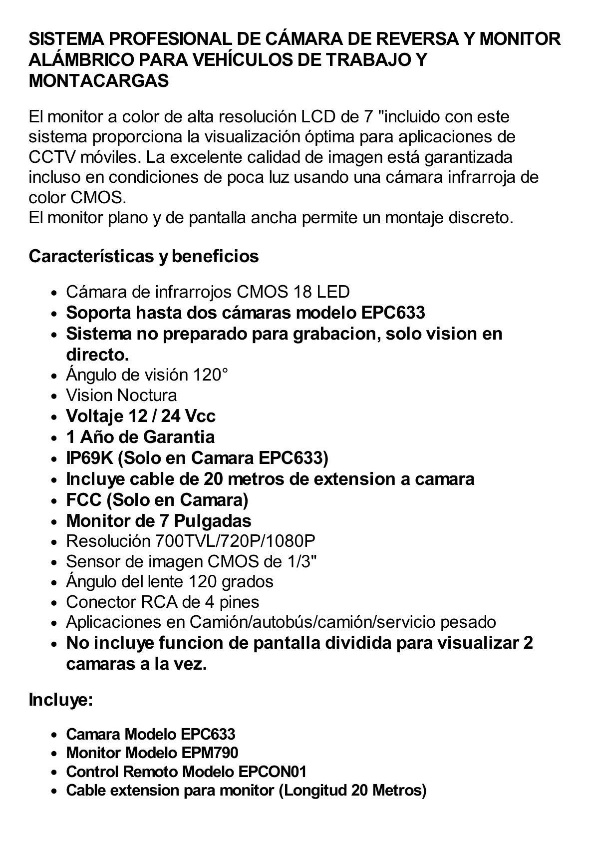 Sistema Profesional de Cámara de Reversa y Monitor Alámbrico para Vehículos de Trabajo y Montacargas