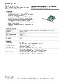 Tarjeta PCI Express X-Media XM-PEX-U304S 4 puertos SuperSpeed USB 3.0 transferencia de hasta 5Gbps por puerto