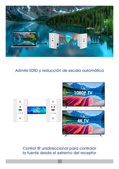 Kit Extensor HDMI en PLACAS DE PARED para distancias de 70 metros / Resolución 4K@60Hz / Cat 6/6A/ 7 / HDR/ IPCOLOR/ Cero Latencia / Soporta Control Remoto / Placa de pared de 2.74 x 4.49” (tamaño estándar de EE.UU.)