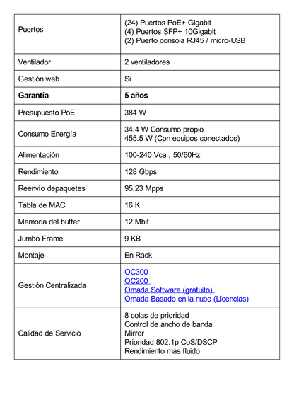 Switch L2+ Omada PoE+ / 24 Puertos PoE+ 10/100/1000 Mbps / 4 Puertos SFP+ 10G / 2 Puertos Consola (RJ45 y microUSB) / Administración Centralizada Omada o Stand-Alone / Multicast IGMP / Presupuesto PoE 384W / Montaje en Rack / (SG3428XMP)