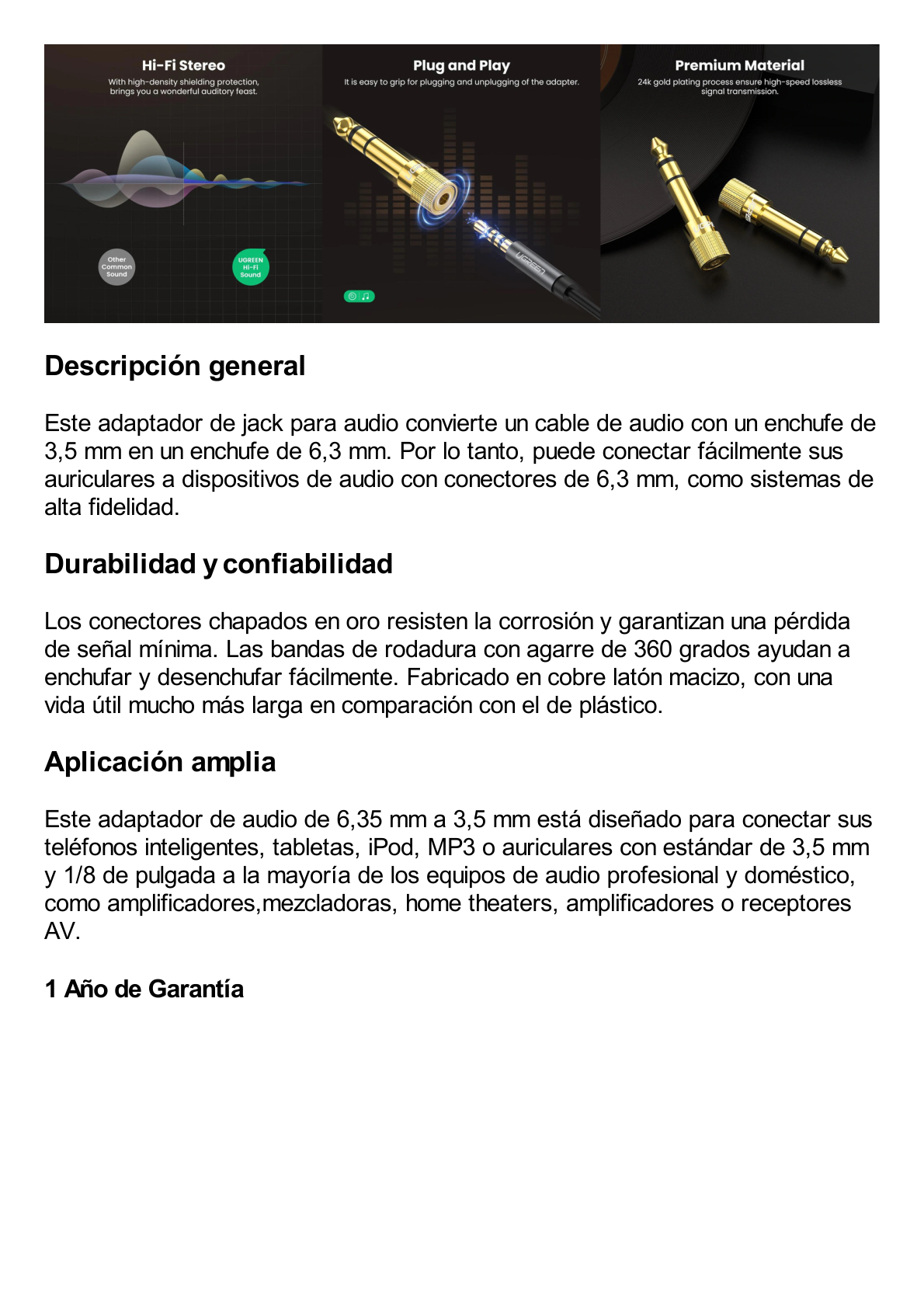 Adaptador (Convertidor) de Audio 3.5mm Hembra a 6.5mm Macho / Plug & Play / Superficie de Rosca Antideslizante / Calidad de sonido sin pérdidas