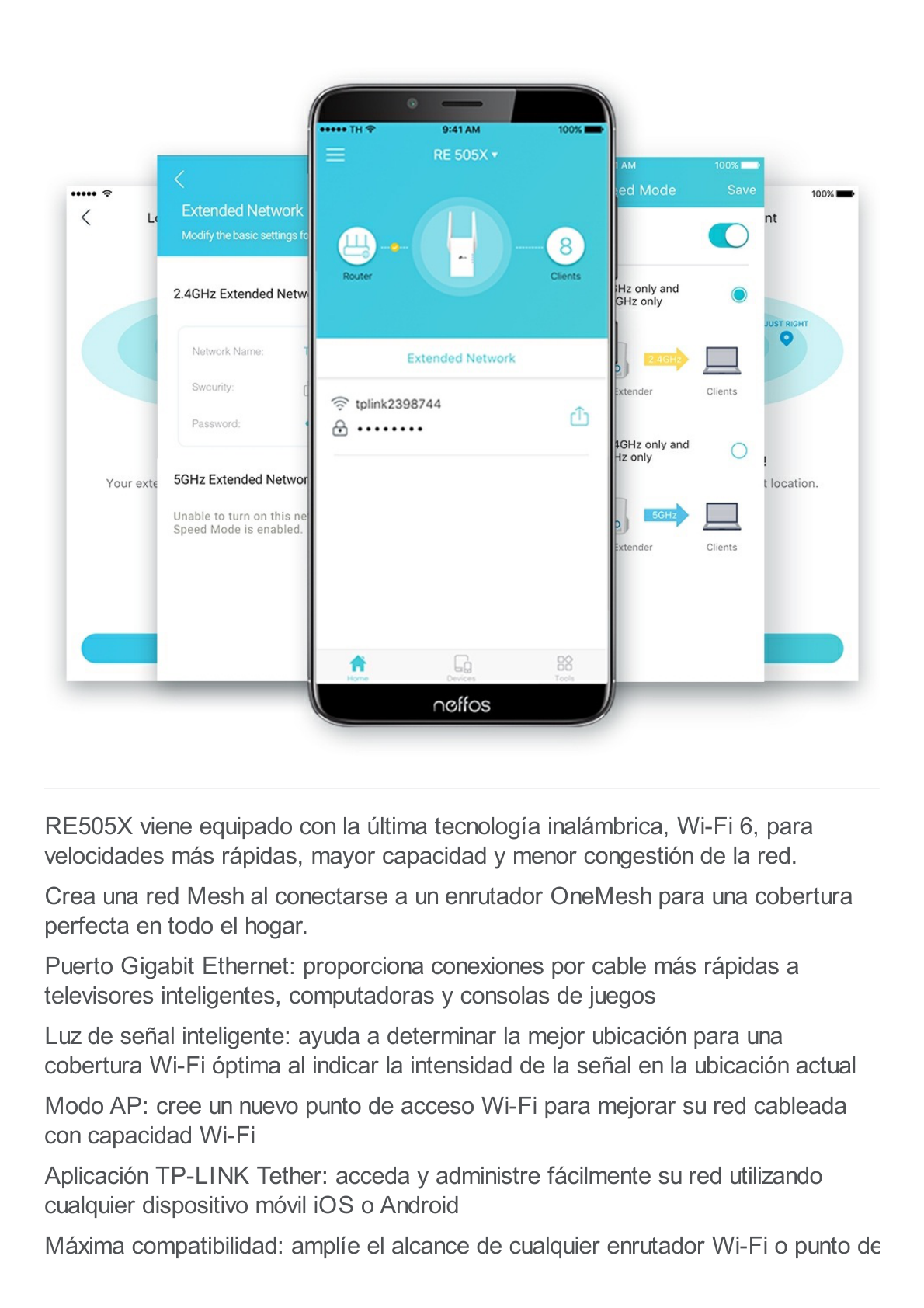 Repetidor / Extensor de Cobertura WiFi AX 1500 Mbps, doble banda 2.4 GHz y 5 GHz, con 1 puerto 10/100/1000 Mbps