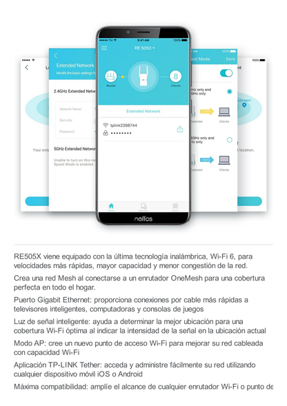 Repetidor / Extensor de Cobertura WiFi AX 1500 Mbps, doble banda 2.4 GHz y 5 GHz, con 1 puerto 10/100/1000 Mbps