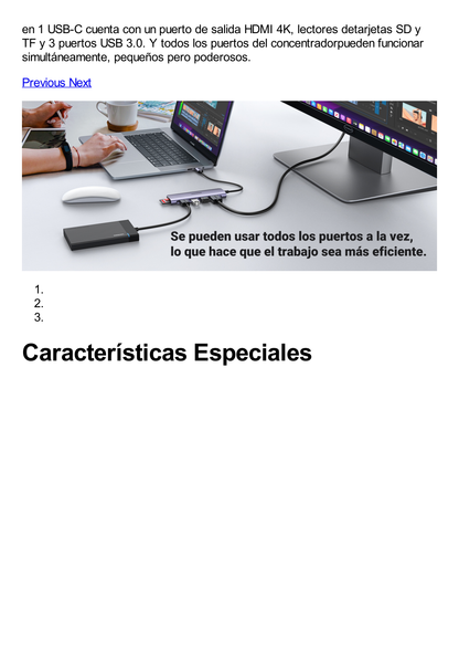 HUB USB-C Multipuertos / HDMI 4K@30Hz  / 3 Puertos USB-A 3.0 / Lector Tarjeta SD+TF (Uso Simultáneo) / 6 en 1 / Carcasa de Aluminio.