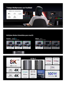 HUB USB-C (Docking Revodok Pro) 12 en 1 | 2 USB-A 3.0 | 1 USB-C PD Carga 100W | 1 USB-A 3.1 | 1 USB-C 3.1 | HDMI 4K | HDMI 8K Ultra HD | Display Port 4K | RJ45 (Gigabit) | Lector Tarjeta SD + Micro SD (TF) | Jack Audio 3.5mm.