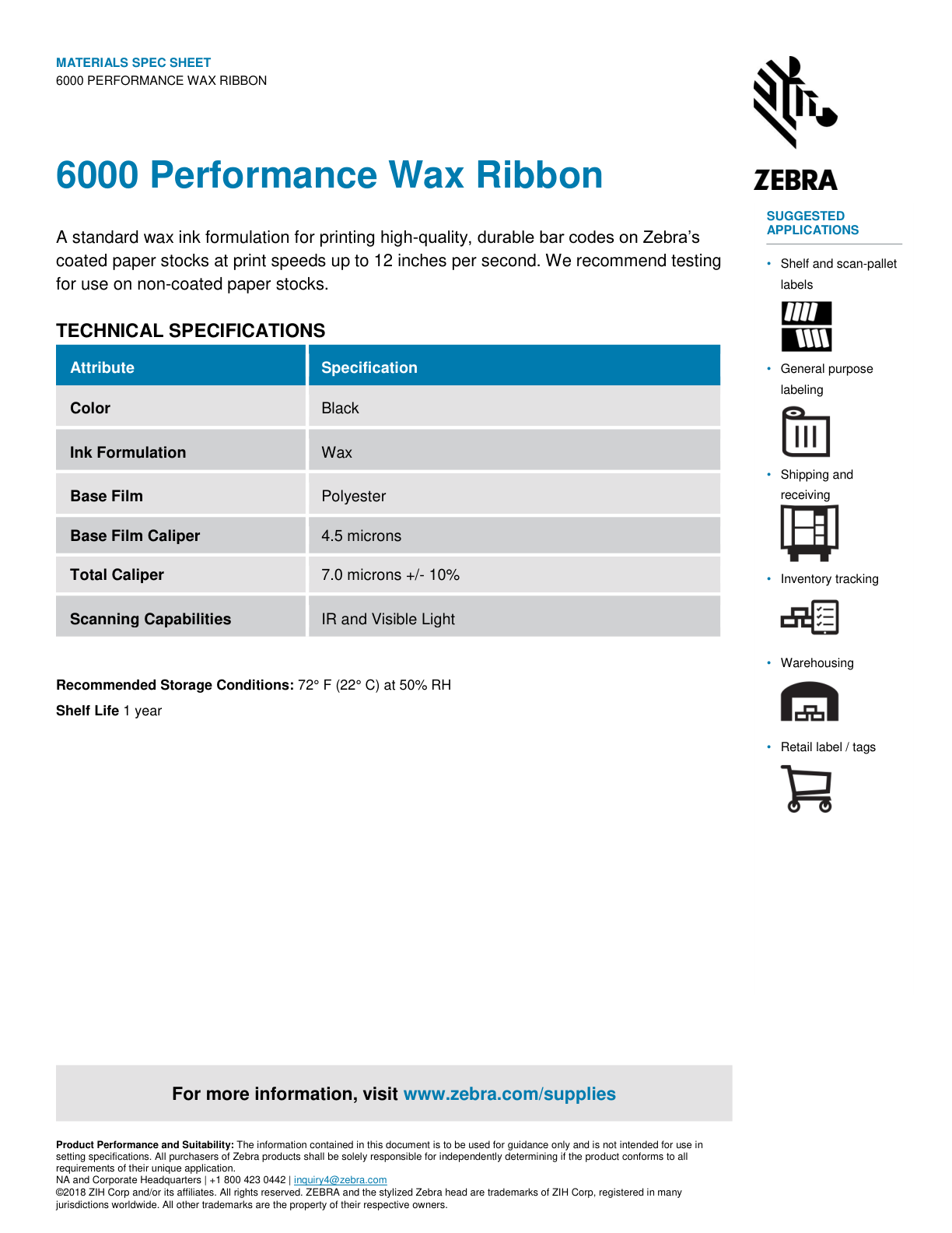 Cartucho de Cinta Zebra Ribbon Cera 110x450 p/Imp. Industrial Form. 6000 Precio por pieza