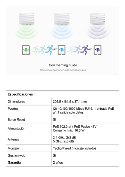 Punto de Acceso Omada / Doble Banda AC 1750 MU-MIMO / Mesh Omada / Montaje en Techo-Pared / Configuración Stand-alone o Por Controlador / Alimentación PoE af