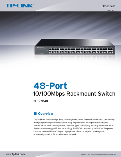 Switch TP-Link TL-SF1048 metálico montura para rack 48 puertos RJ45 10/100M no administrable