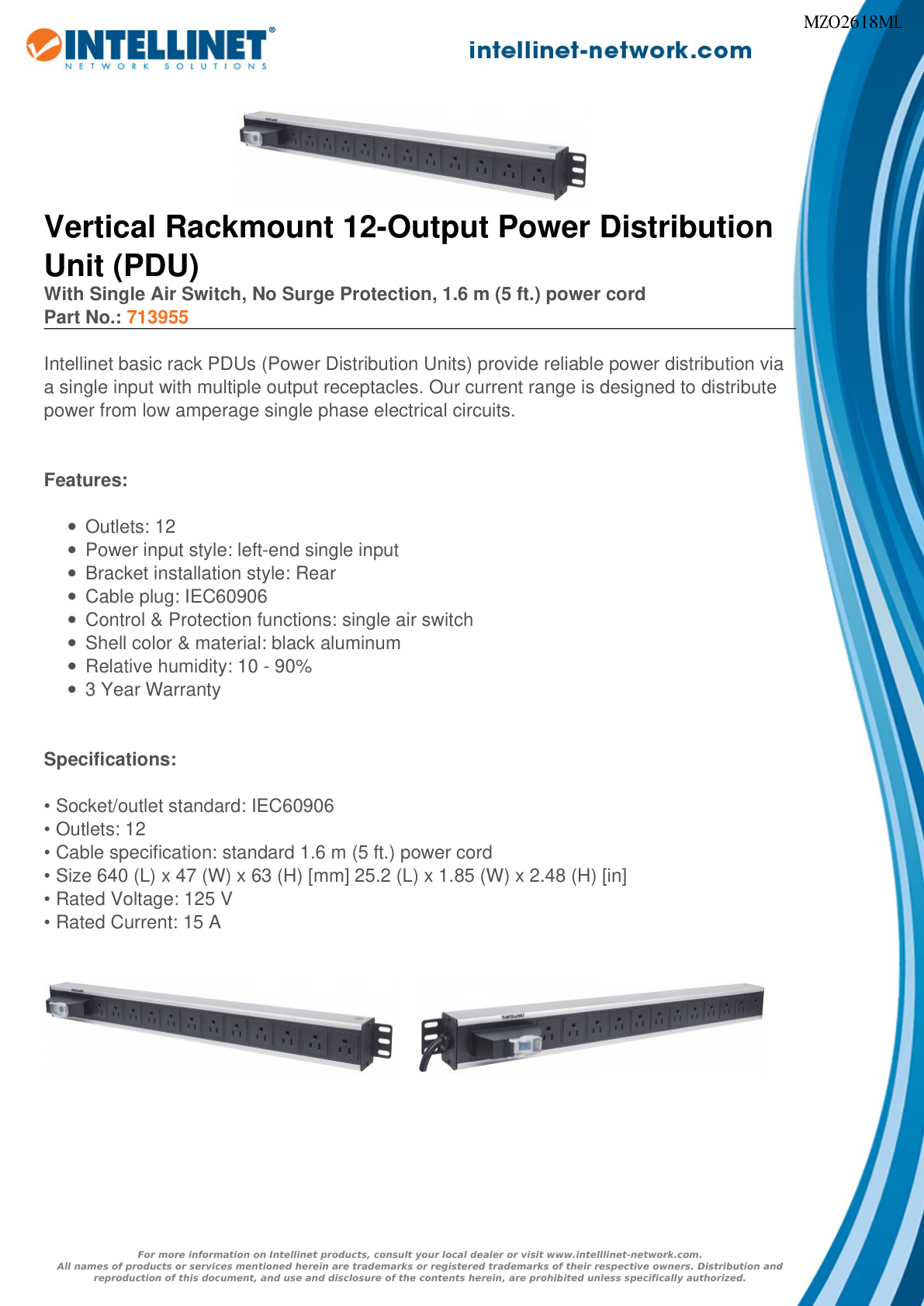 BARRA INTELLINET PDU 12 CONTACTOS VERTICAL 1.5U RACK/GABINETE SWITCH