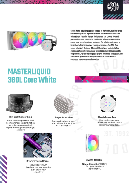 Enfriamiento Liquido Cooler Master MasterLiquid 360L Core Blanco ARGB 3*120mm 650-1750RPM