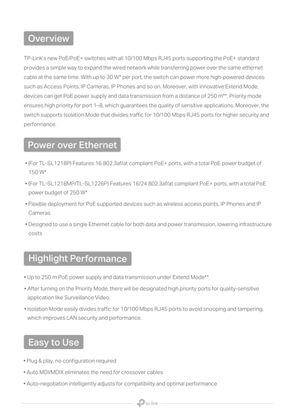 Switch TP-Link TL-SL1226P no administrable 24 puertos 10/100 PoE+ max. 250W y 4 puertos gigabit (2 x RJ45 y 2 x SFP/combo)