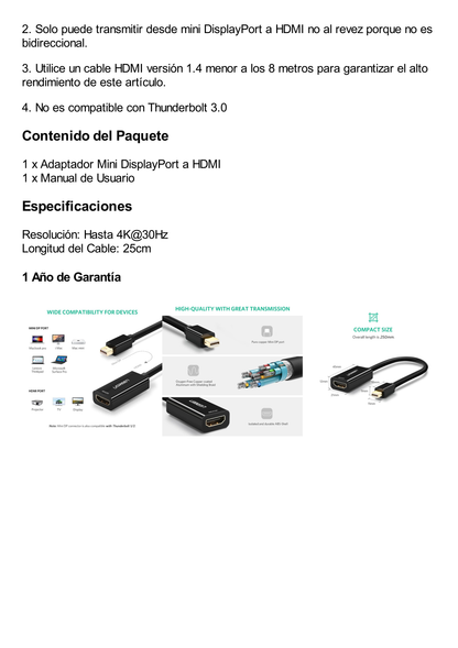 Convertidor Mini Display Port a HDMI / 4K@30Hz / Thunderbolt / Blindaje interno múltiple /  Carcasa ABS / Longitud de 25 cm