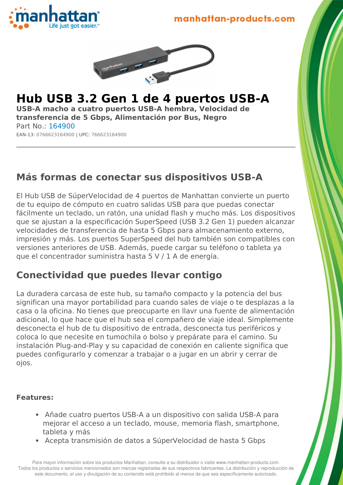 HUB MANHATTAN USB V3.0  4 PTOS AH SIN FUENTE