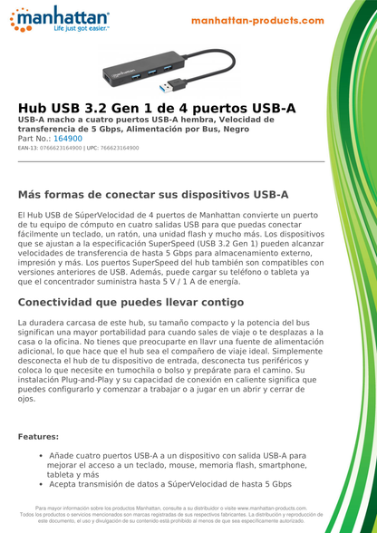 HUB MANHATTAN USB V3.0  4 PTOS AH SIN FUENTE