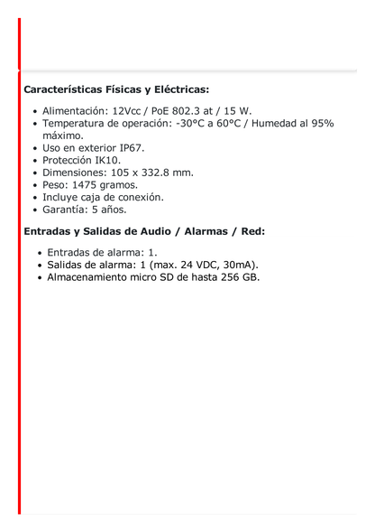 Bala IP para Manufactura de 4 Megapixel / Lente Mot. 2.8 a 12 mm / 60 FPS (IPS) a 1080p (2 Megapixel) / WDR 120 dB / PoE / Videoanalíticos Integrados / Micro SD