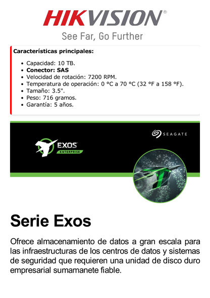 Disco Duro 3.5" 10 TB EXOS / 7200 RPM / SAS / Alto Rendimiento