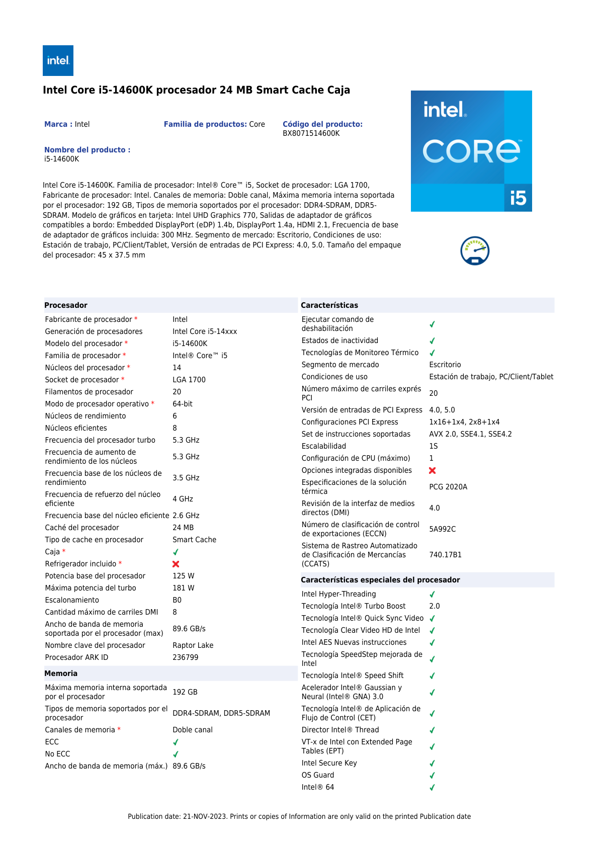 Procesador Intel Core i5-14600K sin disipador con graficos LGA 1700 14a Gen 14Core 3.5Ghz 125w