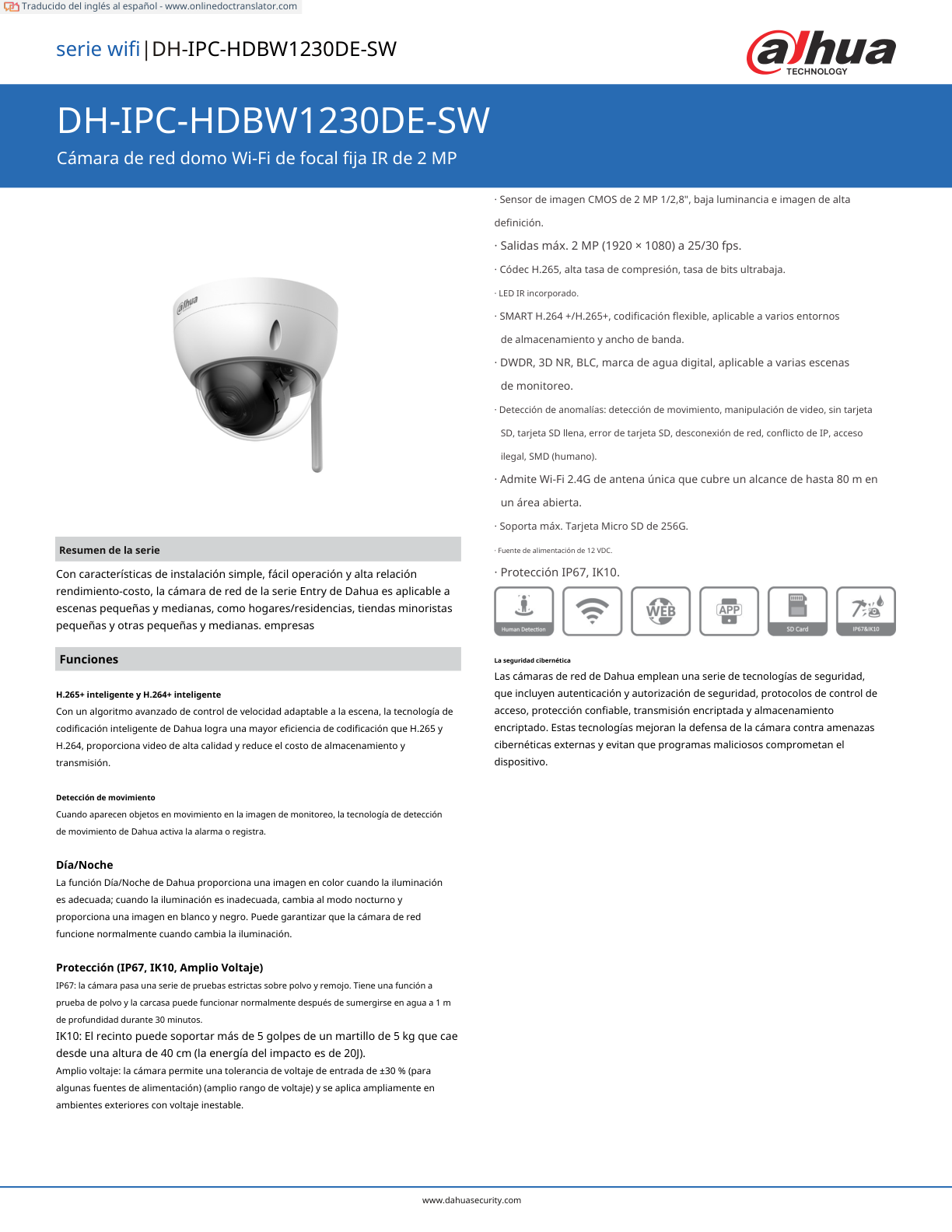 Camara Dahua DH-IPC-HDBW1230DE-SW IP domo WIFI 2 mpx lente 2.8 100 gds IR 30 m antivandalica lk10 deteccion de humanos IP67