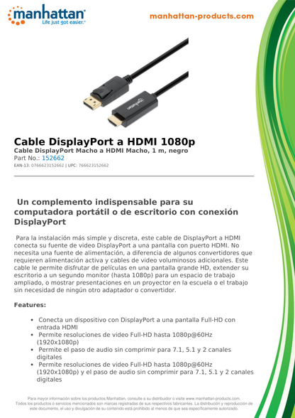 CABLE MANHATTAN DISPLAYPORT - HDMI M-M 1080P  1M