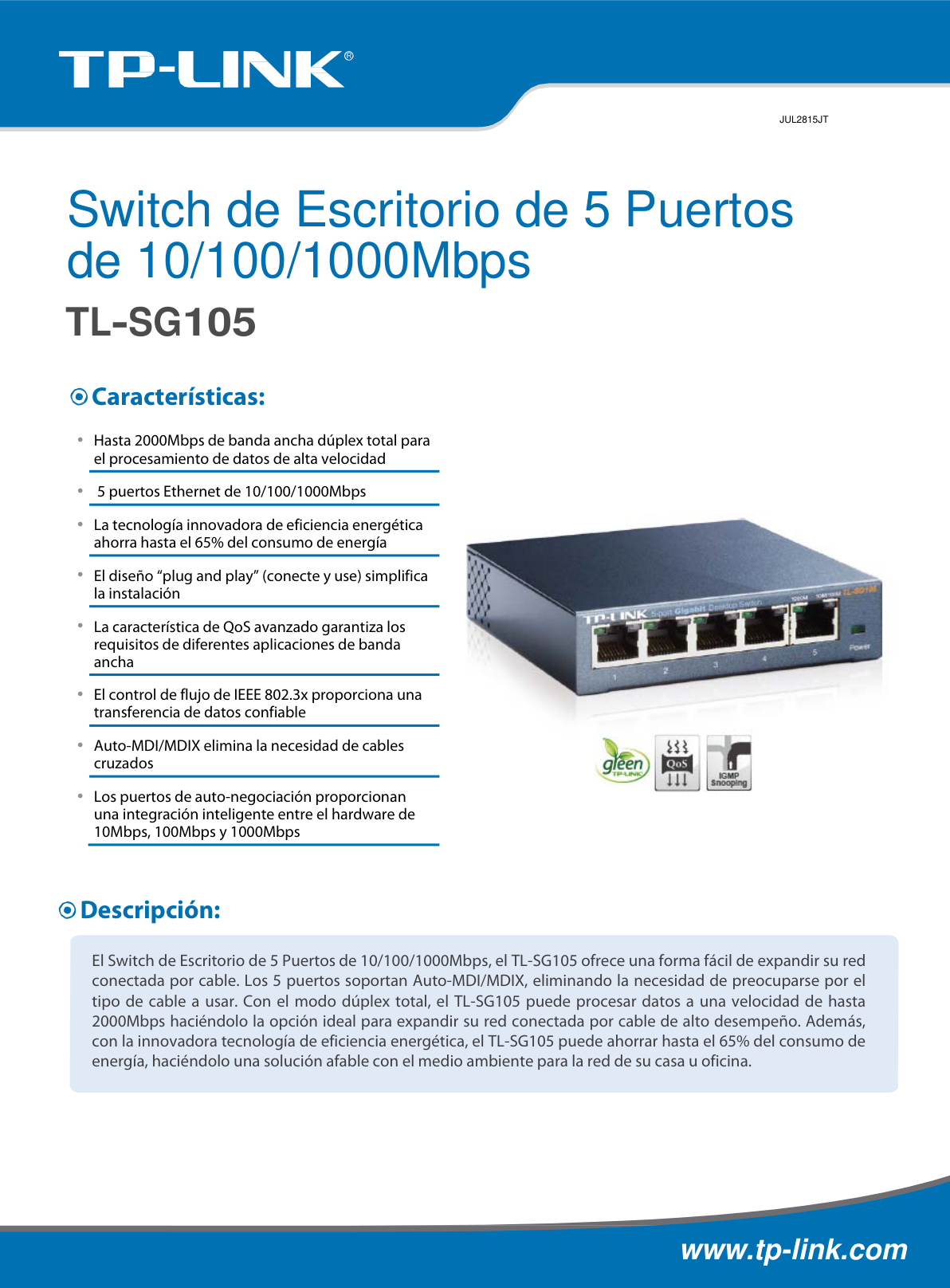 Switch TP-Link TL-SG105 metálico de escritorio 5 puertos gigabit 10/100/1000M no administrable