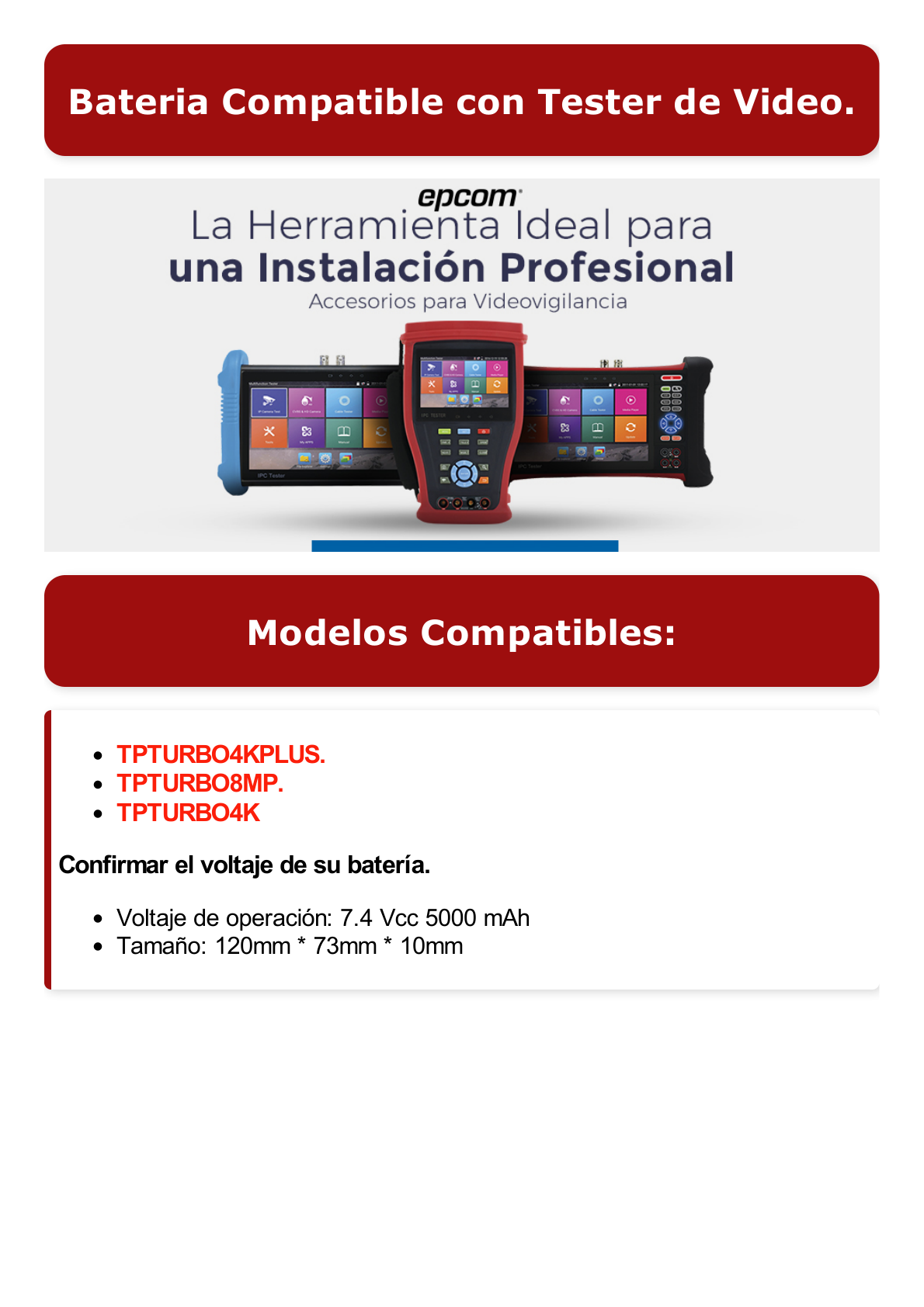 Batería para Probador de Video modelo TPTURBO8MP / TPTURBO4KPLUS / TPTURBO4K