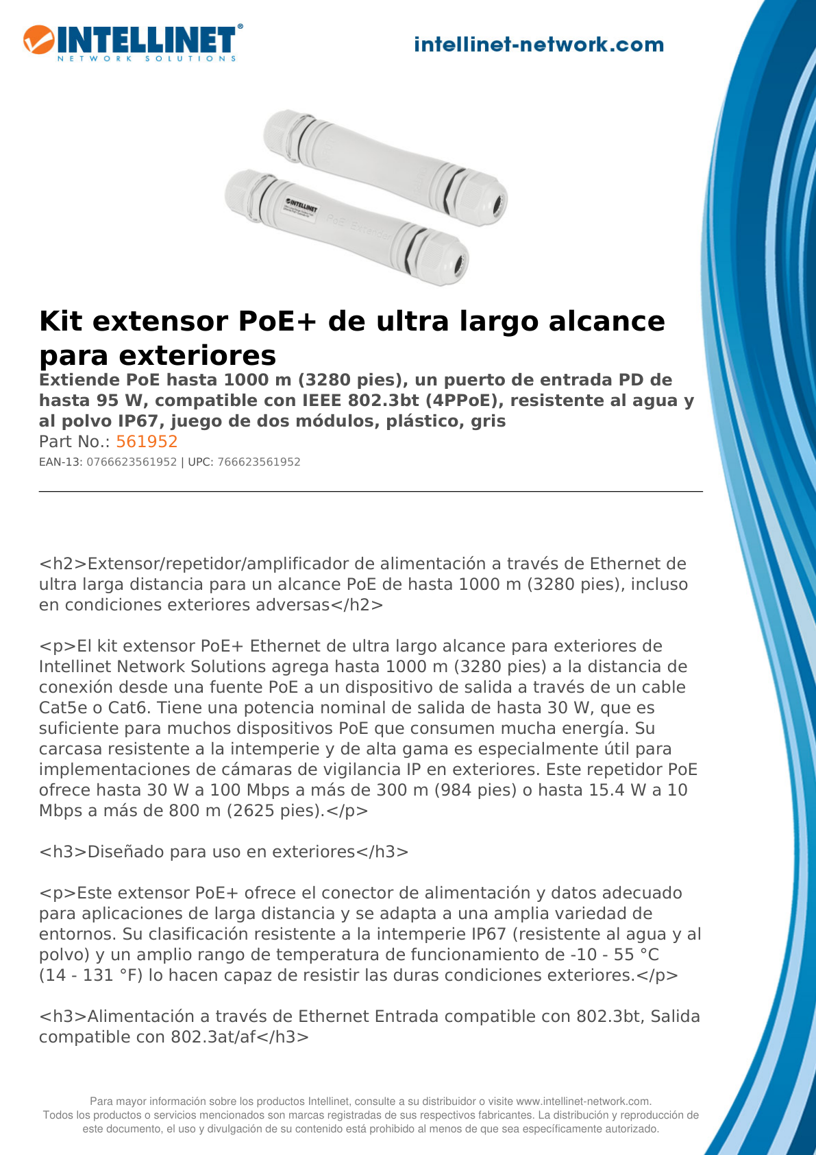 Extensor Intellinet POE+ kit ultra delgado lago alcance para exteriores hasta 1000M PD hasta 95W ideal para camaras IP