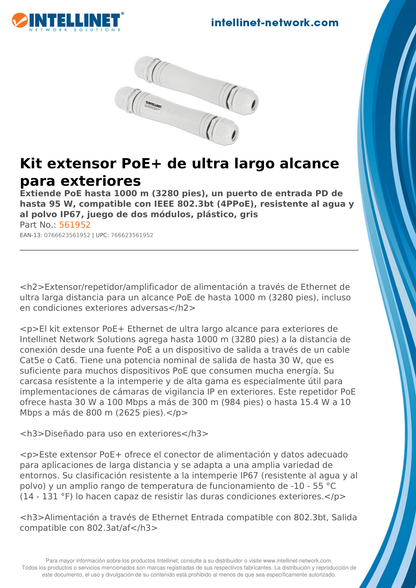 Extensor Intellinet POE+ kit ultra delgado lago alcance para exteriores hasta 1000M PD hasta 95W ideal para camaras IP