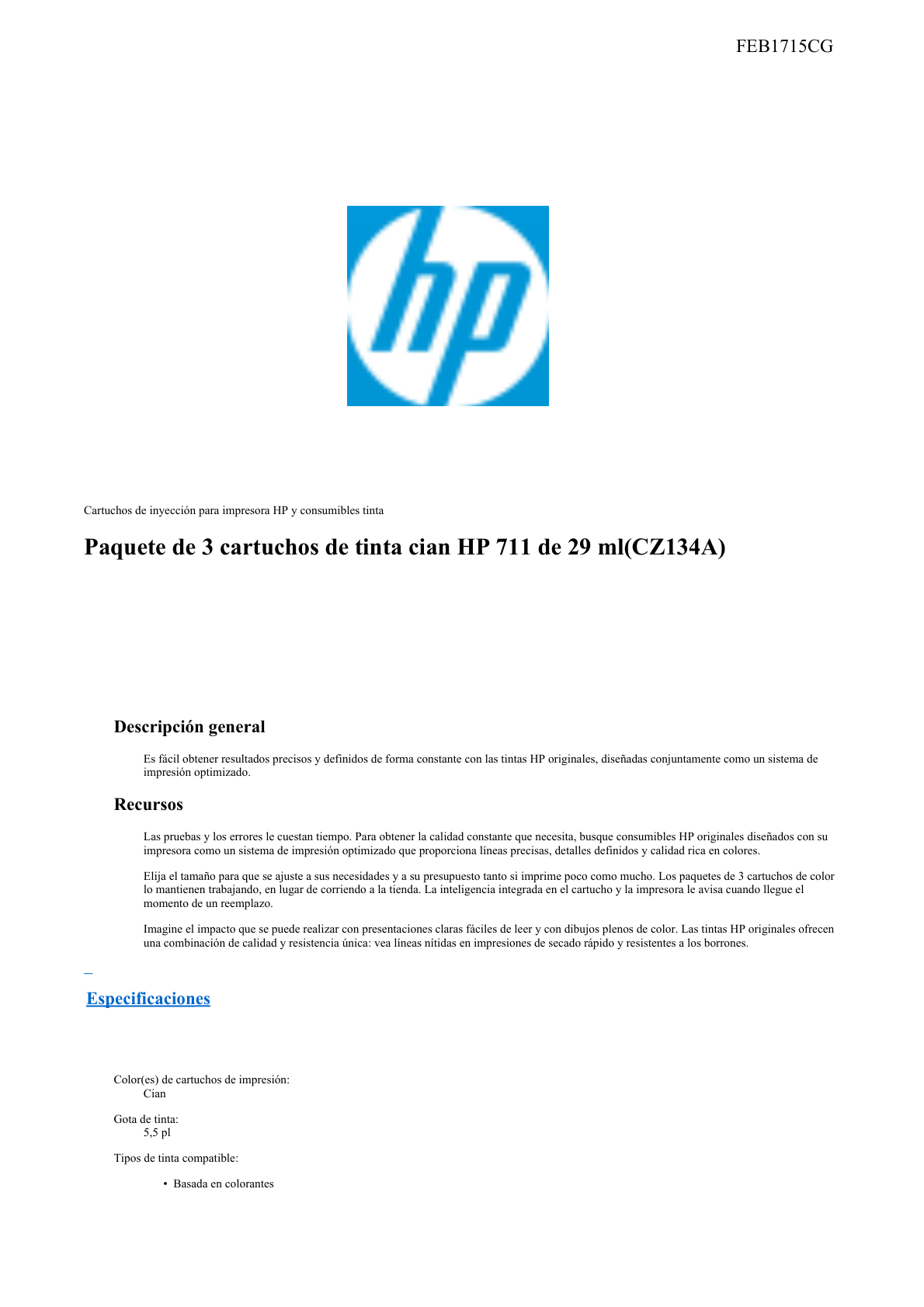 TINTA HP LF 711 CZ134A CYAN DESIGNJET T120/T520 29-ML (3-PACK)