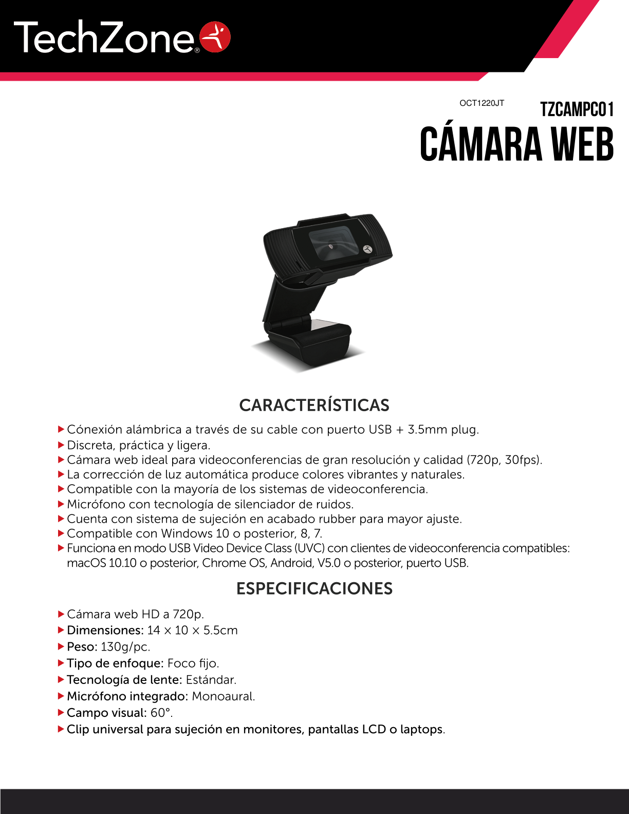 Cámara Web Techzone Resolución 720P c/Micrófono Alámbrica USB y 3.5mm