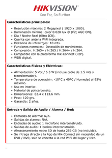 Cubo IP 2 Megapixel / Lente 2.8 mm / WiFi / H.265+ / 10 mts IR EXIR / Micrófono y Bocina Integrada (Audio de Dos Vías) / Interior / Se Conecta Directo a la App Hik-Connect  / Micro SD