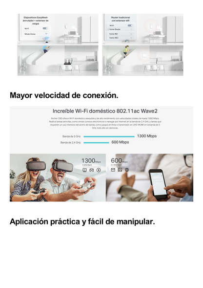 Router inalámbrico WiFi 5 ac / Wave 2 MU-MIMO 3x3 1900 Mbps / Doble Banda 2.4 y 5 GHz / 1 puerto WAN 10/100/1000 Mbps / 4 puertos LAN 10/100/1000 Mbps / Tecnología Smart Connect / Compatible con EasyMesh