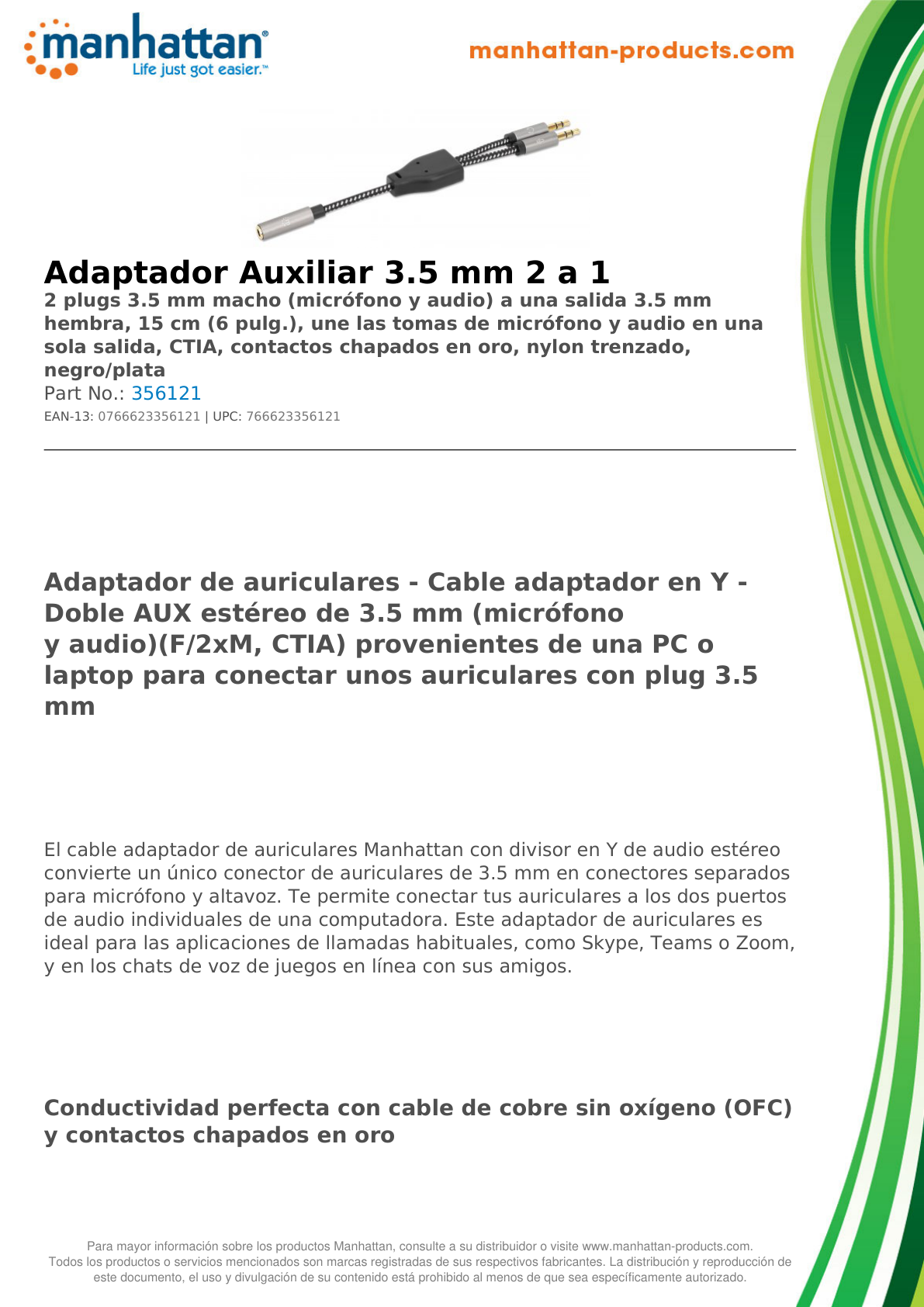 ADAPTADOR MANHATTAN DE AUDIO 3.5MM 1 HEMBRA A 2 MACHO 15CM