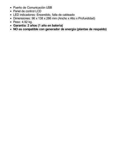 UPS de 900 VA/420 W, Topología Línea Interactiva, Entrada 120 Vca NEMA 5-15P, y 6 Salidas NEMA 5-15R, Con Regulador de Voltaje (AVR)