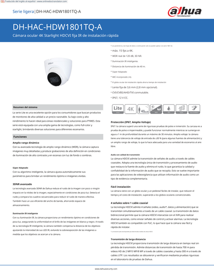 Camara Dahua DH-HAC-HDW1801TQN-A domo 4k 8 mpx lente 2.8mm IR 40 m plastico exterior 106 gds de apertura con microfono IP67