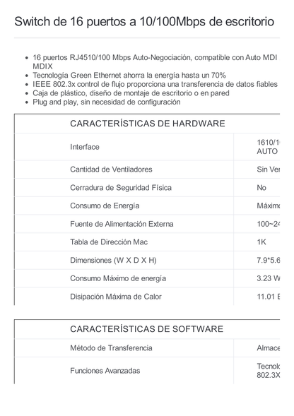 Switch no administrable de 16 puertos 10/100 Mbps para escritorio