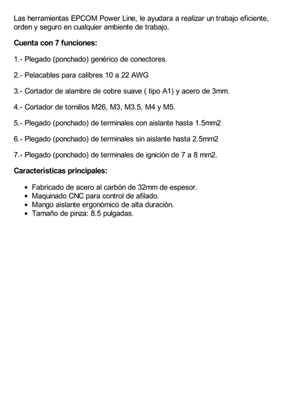 Pinza Cortacables / Pelacables 10 a 22 AWG con Plegador de Conectores.