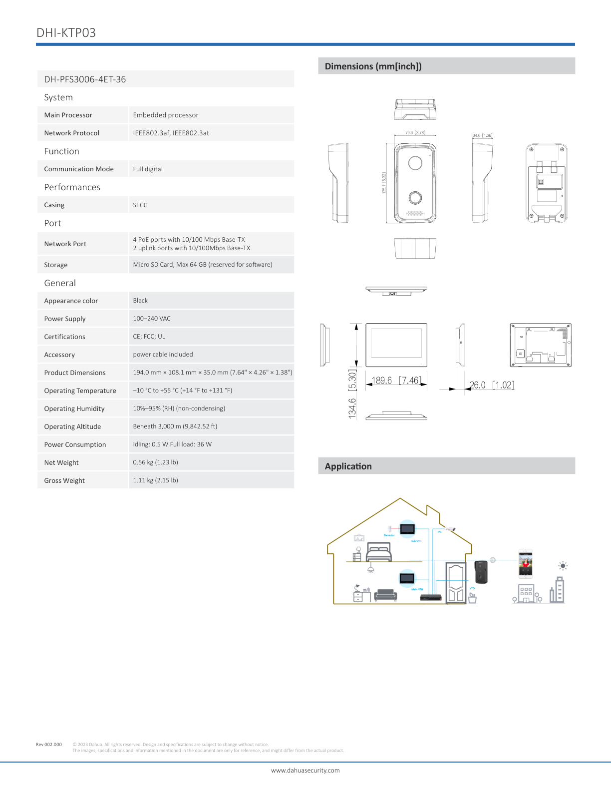 Kit Dahua DHI-KTP03ip videoportero monitor 7 pul switch 4 puertos PoE frente de calle ip65