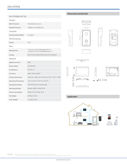 Kit Dahua DHI-KTP03ip videoportero monitor 7 pul switch 4 puertos PoE frente de calle ip65