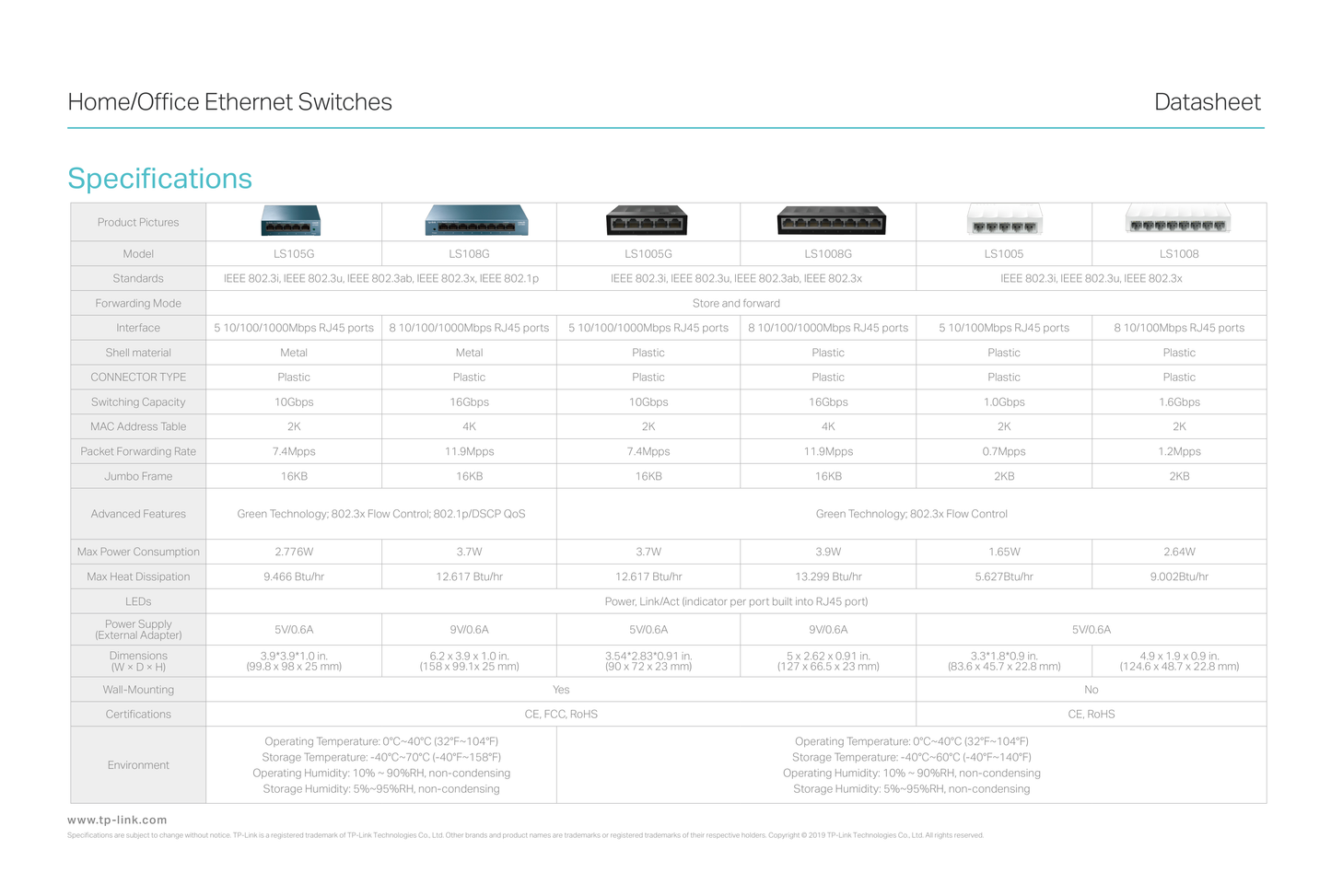 Switch TP-Link LS1005 de escritorio 5 puertos 10/100M no administrable carcasa de plástico tecnología Green Ethernet