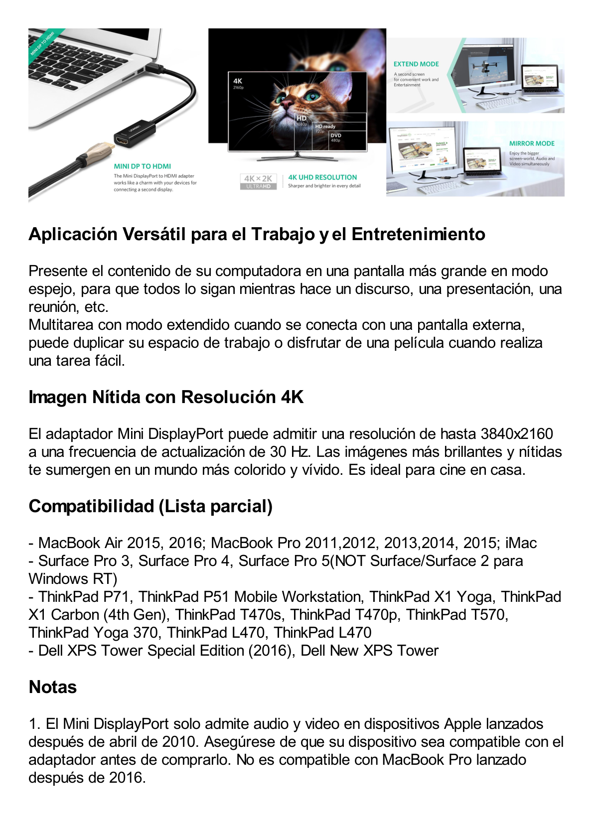 Convertidor Mini Display Port a HDMI / 4K@30Hz / Thunderbolt / Blindaje interno múltiple /  Carcasa ABS / Longitud de 25 cm