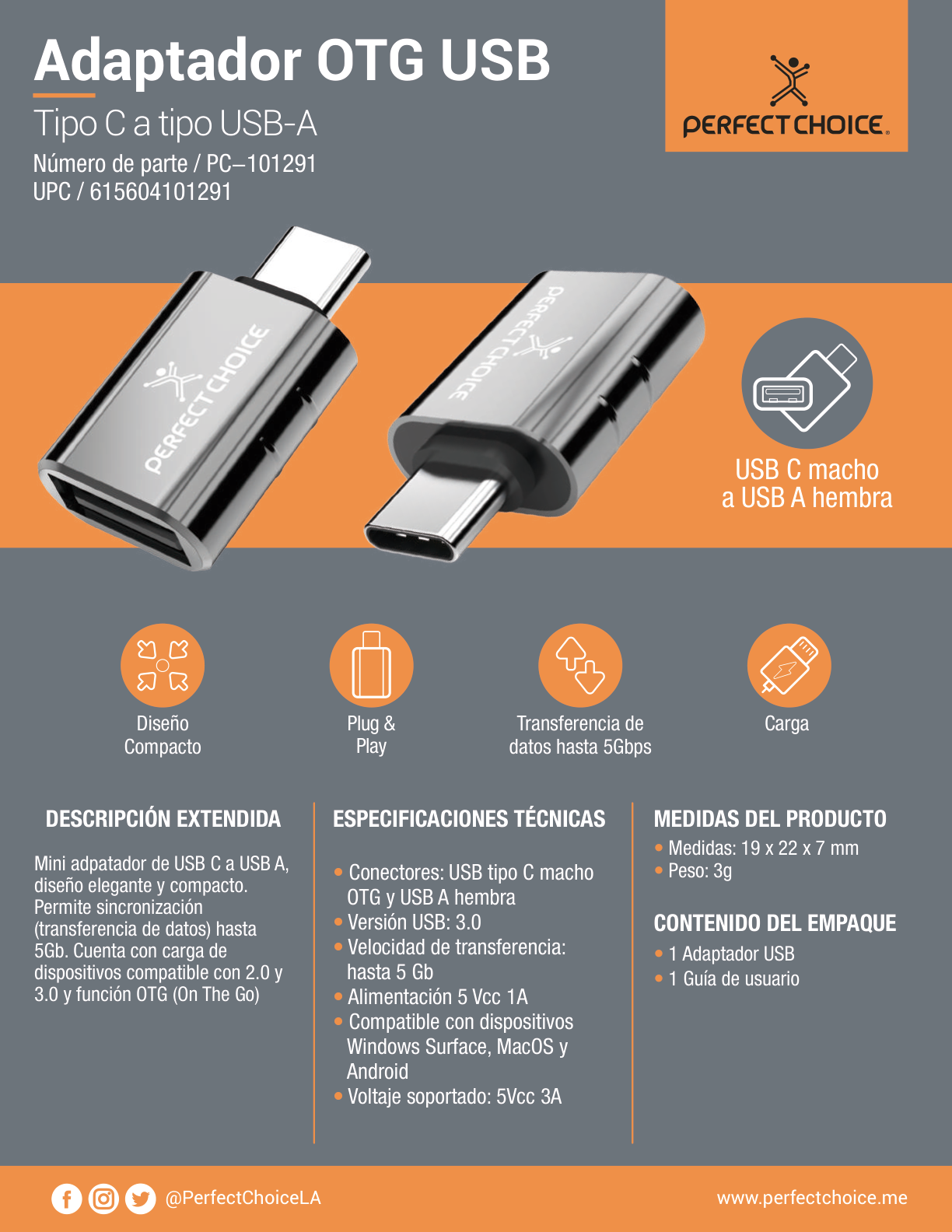 ADAPTADOR USB A HEMBRA A USB TIPO C MACHO PERFECT CHOICE PC-101291