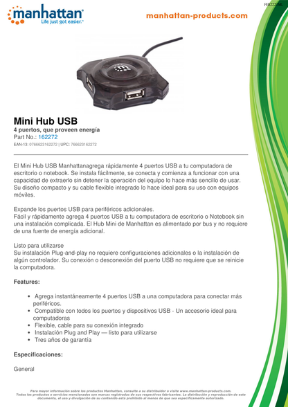 HUB MANHATTAN USB 4 PUERTOS NEGRO ECONOMICO 162272