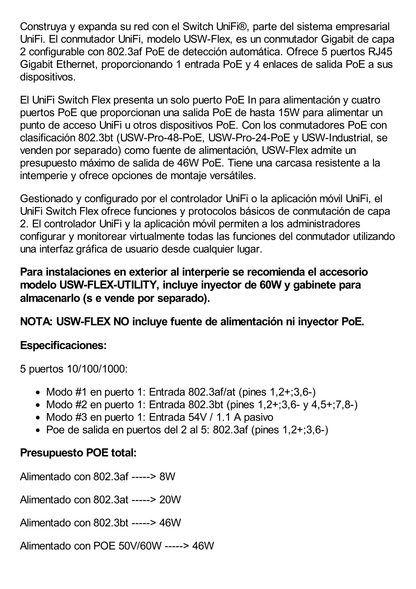 Switch UniFi FLEX de 5 puertos para semi-exterior IP55 (1 x PoE de entrada 802.3af/at/bt y 4 puertos PoE de salida 802.3af)