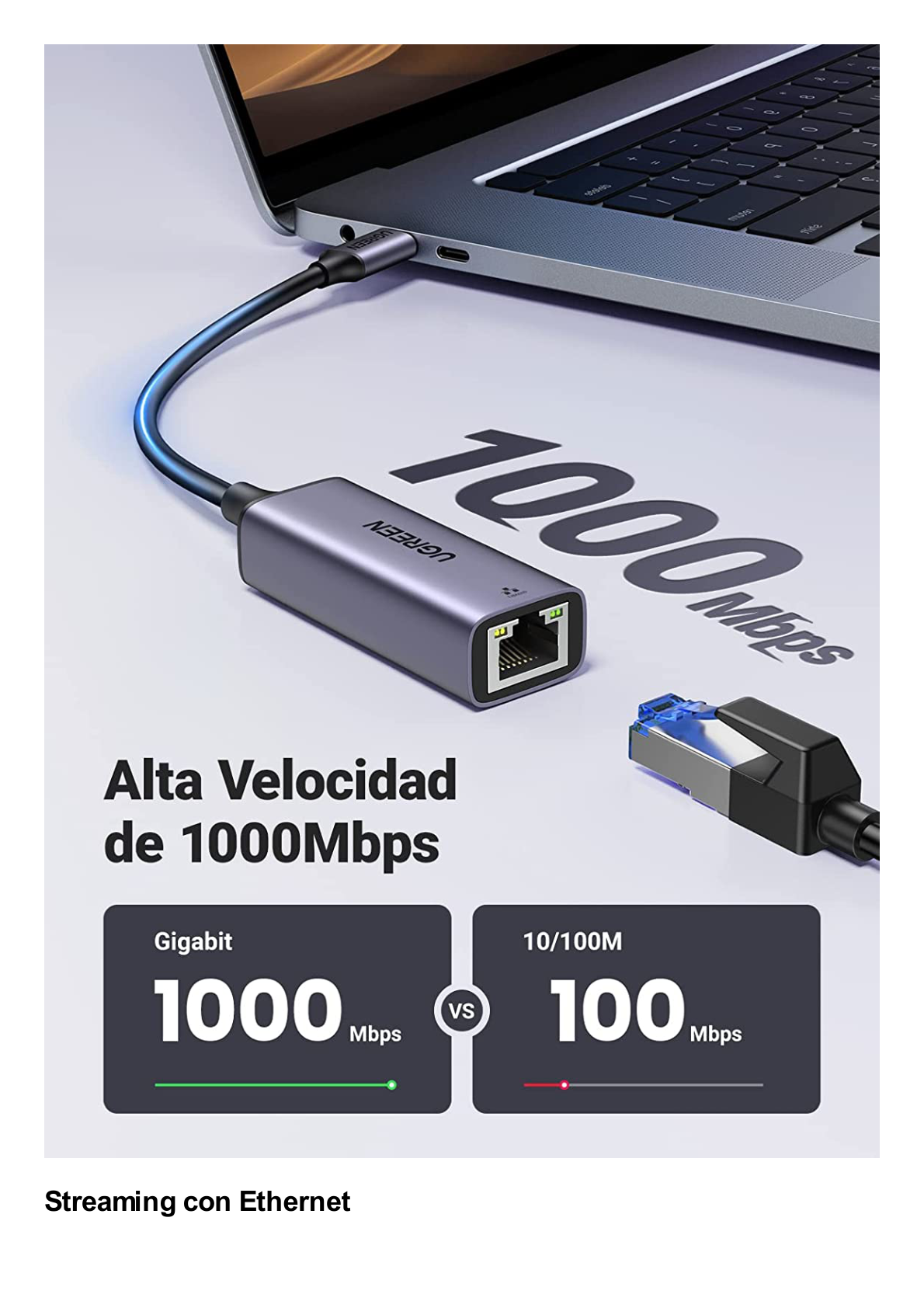 Adaptador de Red USB-C 3.1 (5 Gbps) a RJ45 | Thunderbolt 3 | Admite 10/100/1000 Mbps y 2.5G |  Chip Inteligente | Amplia Compatibilidad | Caja de Aluminio | Longitud del cable 10 cm.