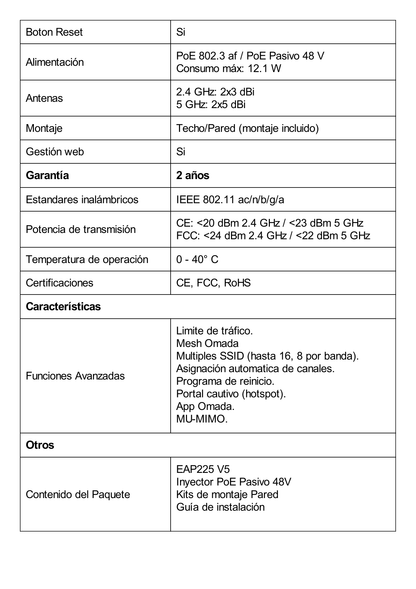 Punto de Acceso Omada / Doble Banda AC 1350 MU-MIMO / Montaje en Techo-Pared / Configuración Stand-alone o Por Controlador / Alimentación PoE af